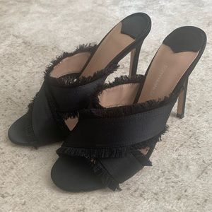 Tony Bianco Klay Black Satin Fringe Mules Heels, 7